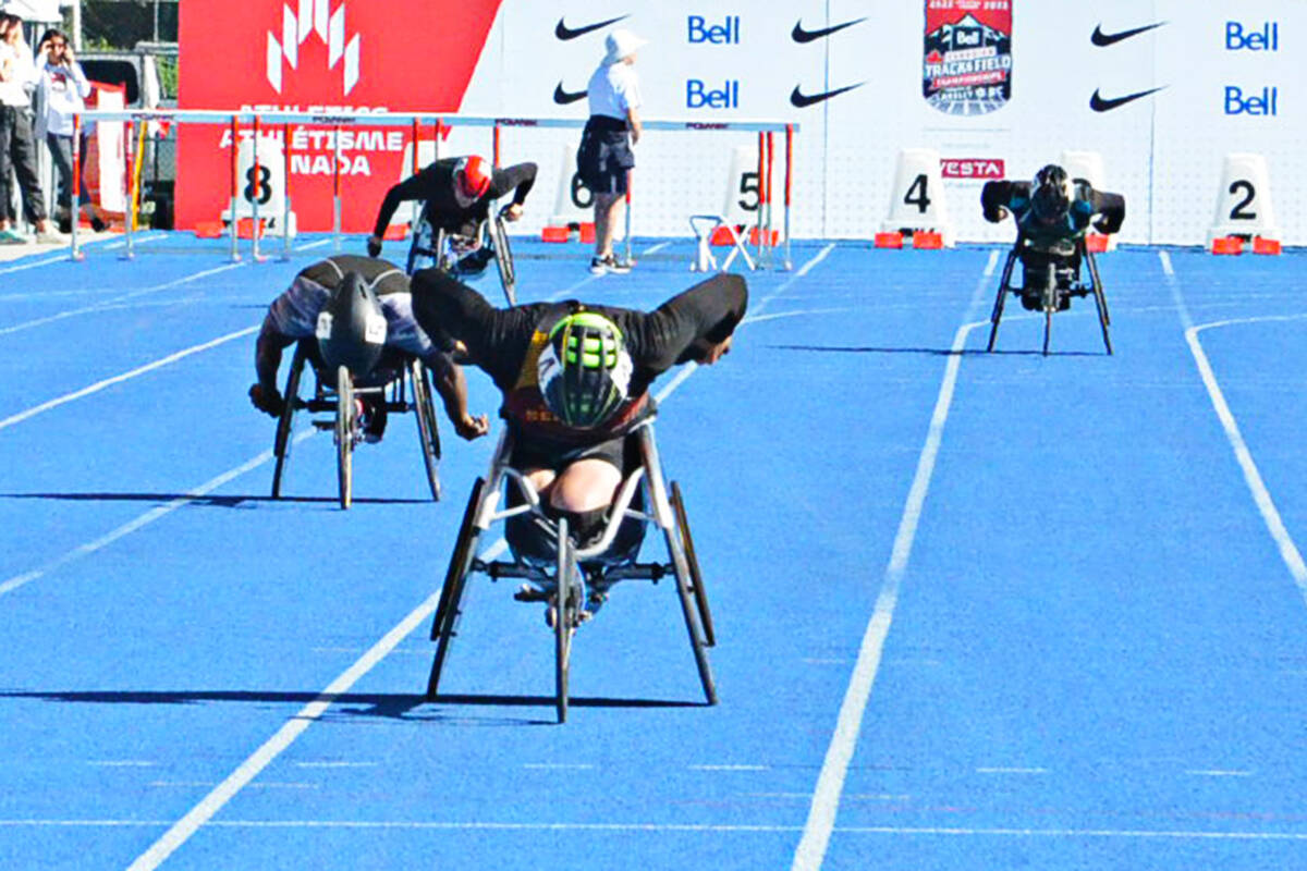 Athletes competed in the men’s 400-metre wheelchair race Friday morning at the Bell Canadian National Track and Field Championships. (Heather Colpitts/Langley Advance Times)