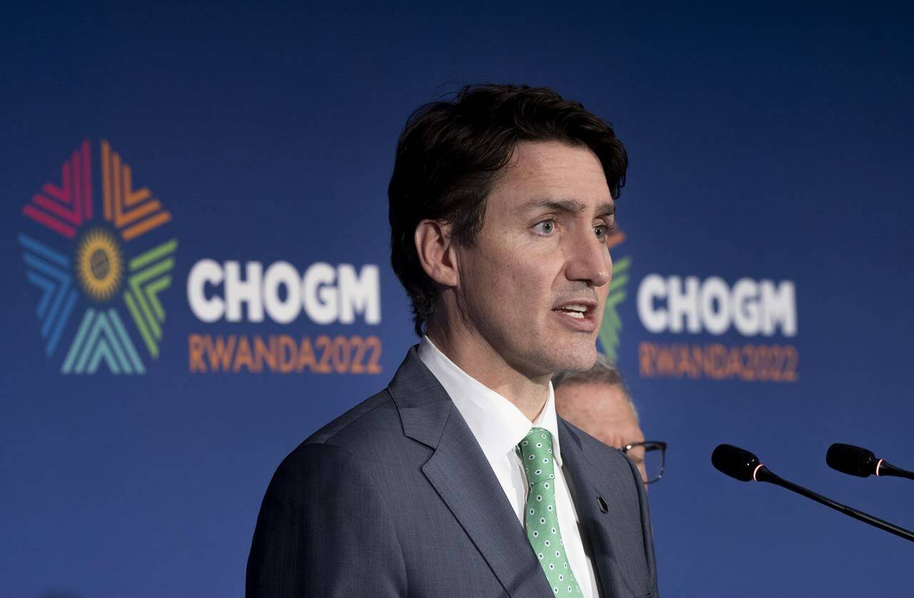 Prime Minister Justin Trudeau responds to questions during the closing news conference at the Commonwealth Heads of Government Meeting in Kigali, Rwanda, Saturday, June 25, 2022. THE CANADIAN PRESS/Paul Chiasson