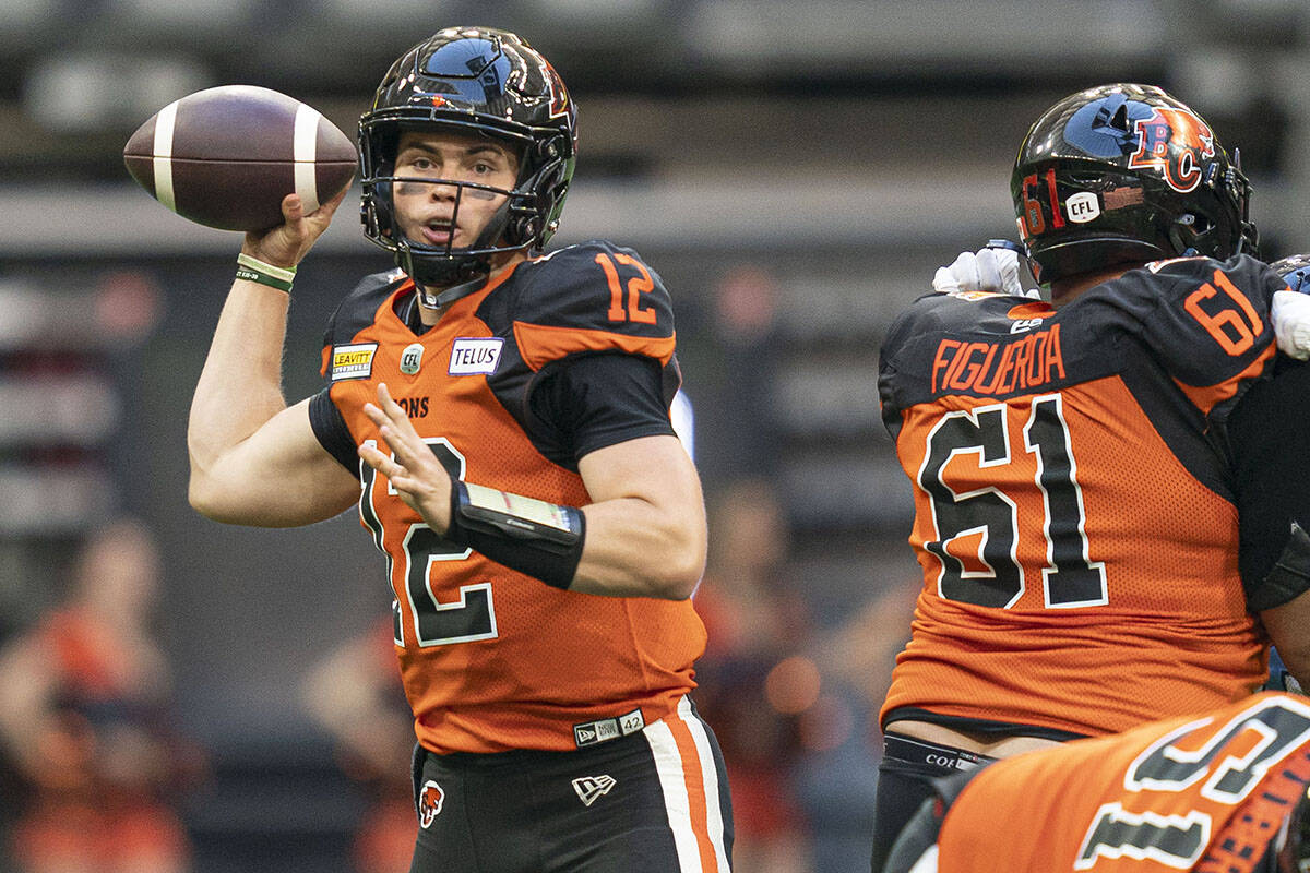 BC Lions quarterback Nathan Rourke throws a pass during first half of CFL football action against the Toronto Argonauts in Vancouver, B.C., Saturday, June 25, 2022. THE CANADIAN PRESS/Rich Lam