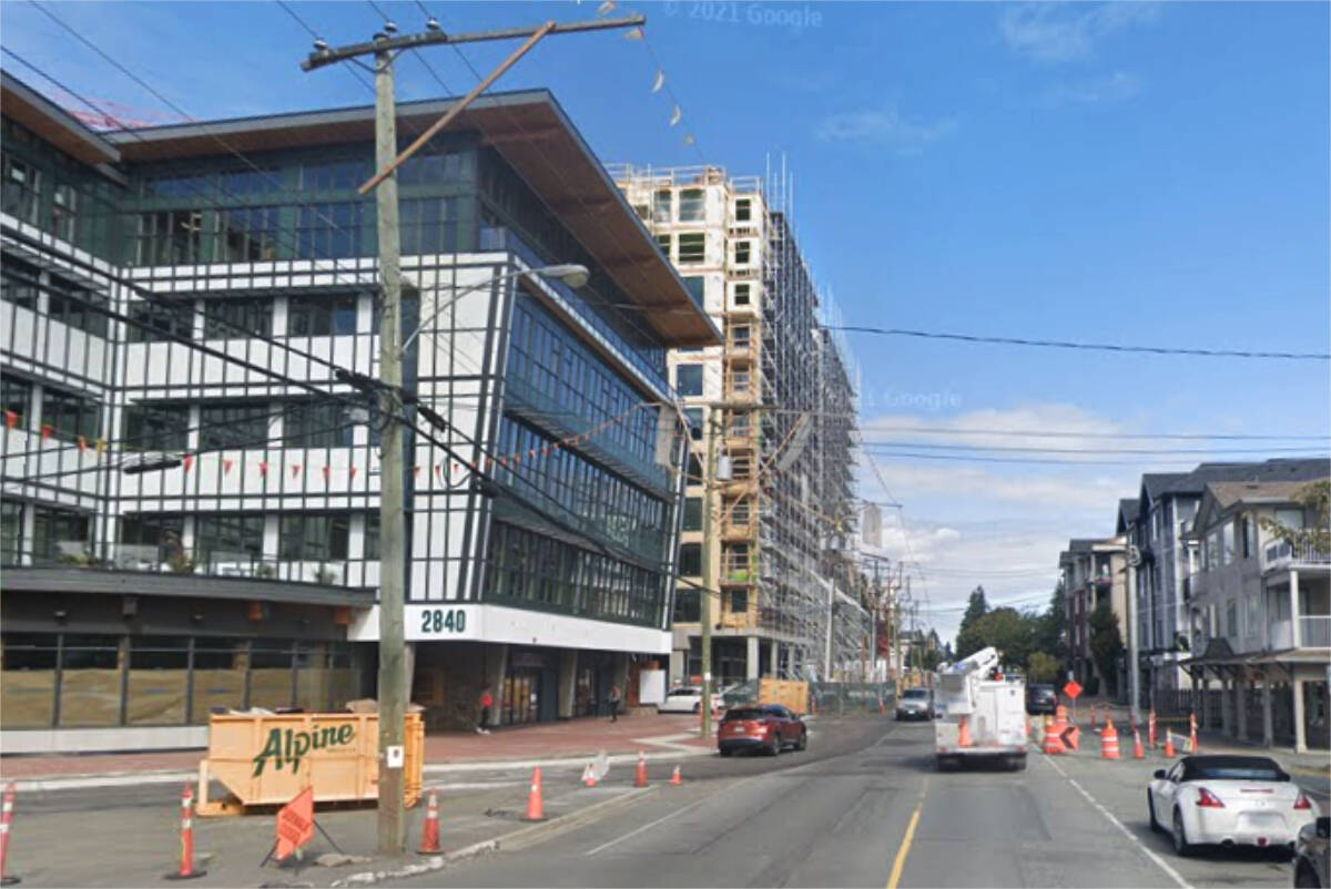The rapid pace of growth in B.C. urban centres like Langford, seen here in 2021 along the Peatt Road corridor, has prompted B.C.’s Urban Mayors Caucus to ask the federal government to consider releasing funds sooner that target projects that improve housing affordability and transportation. (Google Street View)