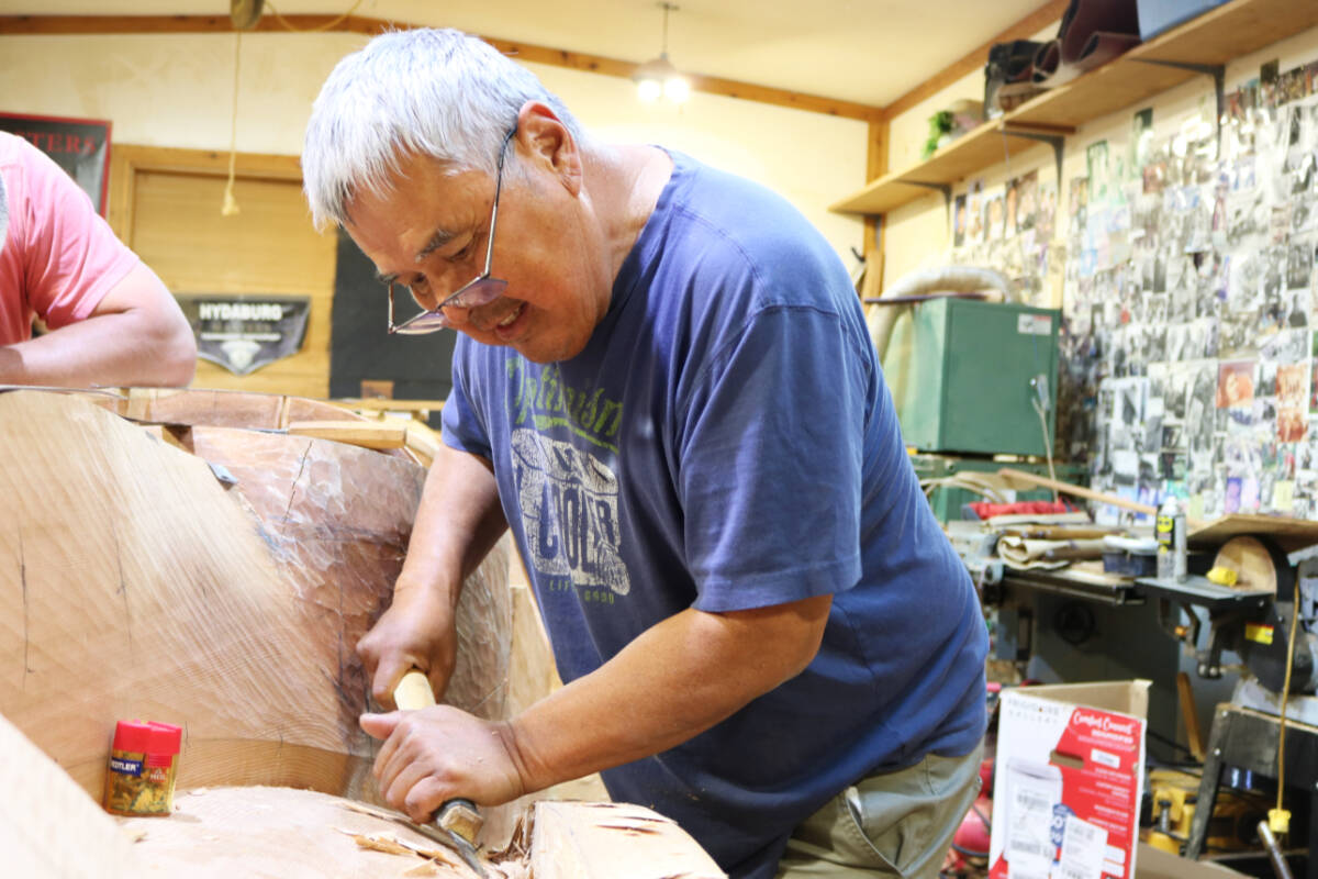 Reg Davidson was appointed to the Order of Canada June 29, 2022. He carves at his home in Old Massett. (Photo: Kaitlyn Bailey/Haida Gwaii Observer)
