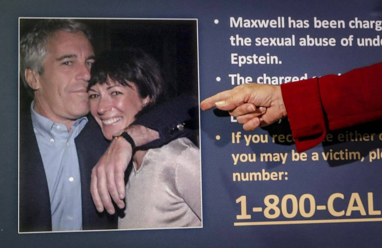 FILE - Audrey Strauss, acting U.S. attorney for the Southern District of New York, points to a photo of Jeffrey Epstein and Ghislaine Maxwell, during a news conference in New York, on July 2, 2020. Maxwell has been sentenced to 20 years in prison for helping the wealthy financier Epstein sexually abuse teenage girls. (AP Photo/John Minchillo, File)