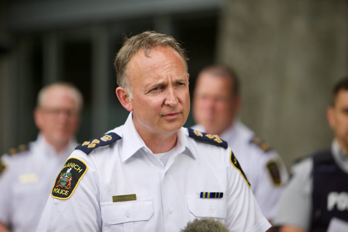Saanich Police Department Chief Dean Duthie speaks to the media Wednesday (June 29) to provide an update on the investigation into a bank robbery in Saanich Tuesday (June 28) which left two suspects dead and six police officers injured. (Justin Samanski-Langille/News Staff)