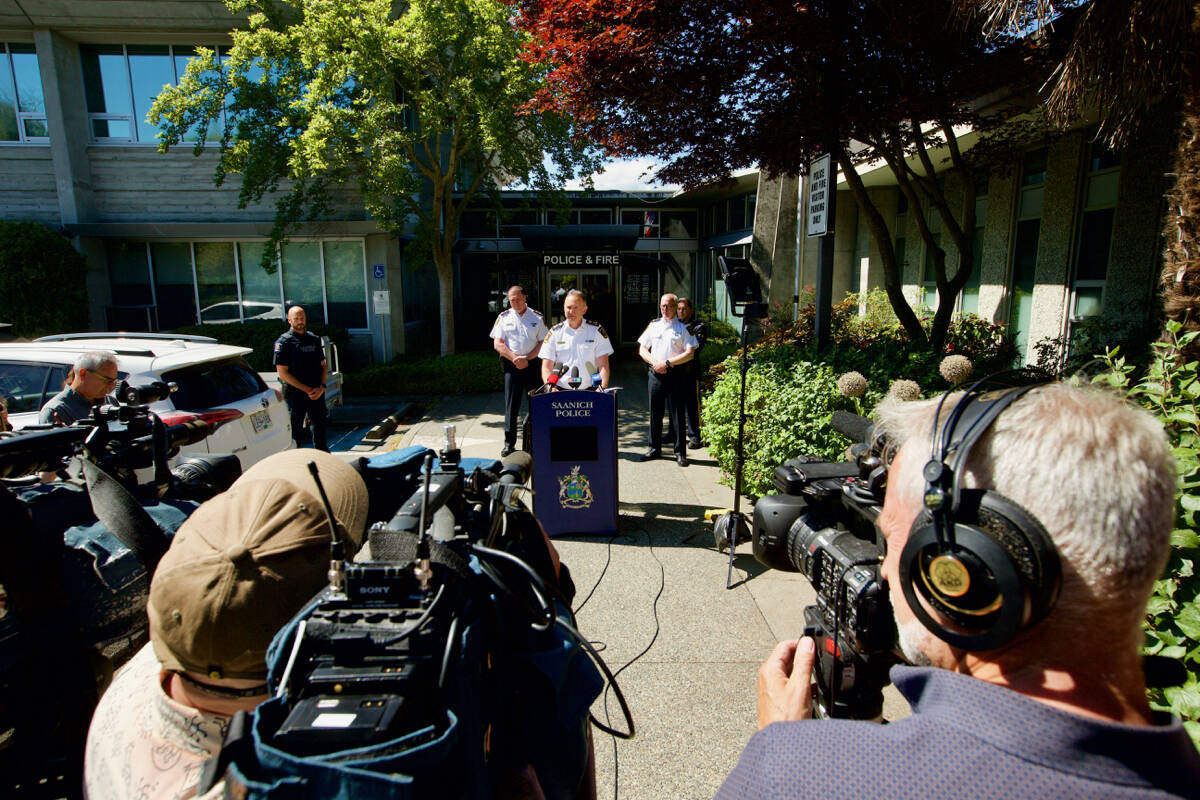 Saanich Police Department Chief Dean Duthie speaks to the media Thursday (June 30) to provide an update on the investigation into a bank robbery in Saanich Tuesday (June 28) which left two suspects dead and six police officers injured. (Justin Samanski-Langille/News Staff)