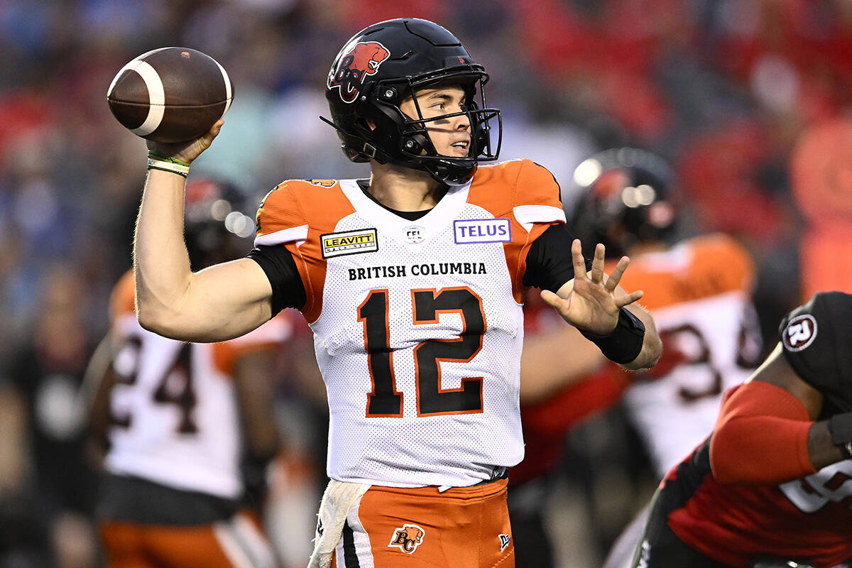 B.C. Lions quarterback Nathan Rourke (12) throws the ball during first half CFL football action against the Ottawa Redblacks in Ottawa on Thursday, June 30, 2022. THE CANADIAN PRESS/Justin Tang