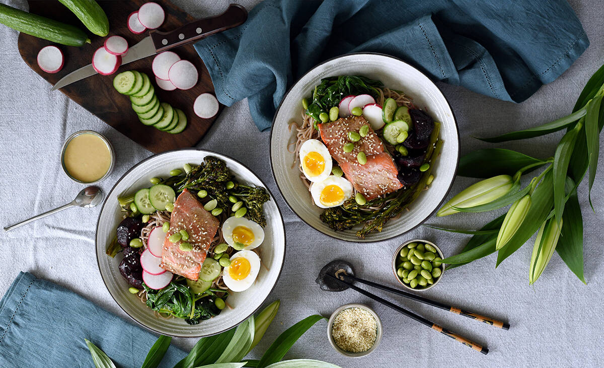 May 4, 2022 - Miso Glazed Salmon Bowl by Ellie Shortt for Brain Food feature in Boulevard magazine.. Don Denton photograph.