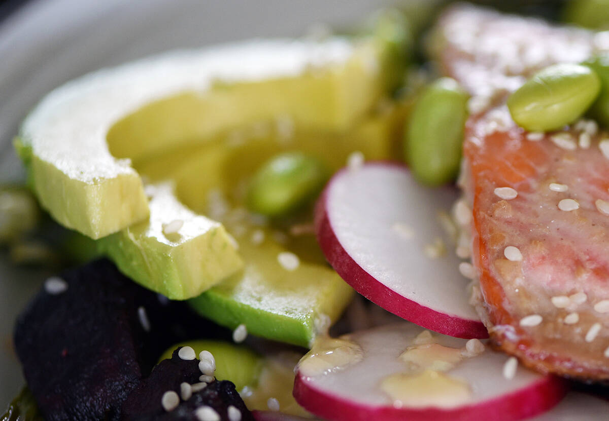 May 4, 2022 - Miso Glazed Salmon Bowl by Ellie Shortt for Brain Food feature in Boulevard magazine.. Don Denton photograph.