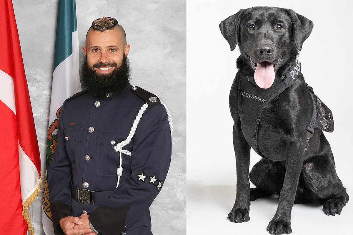 Late Const. Ryan ‘Chopper’ Masales, left, of the Abbotsford Police Department and new K9 Chopper of the Metro Vancouver Transit Police. (Submitted photo)