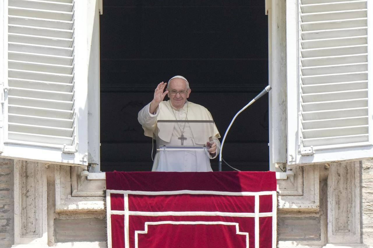 Pope Francis recites the Angelus noon prayer from the window of his studio overlooking St.Peter’s Square, at the Vatican, Sunday, July 3, 2022. (AP Photo/Andrew Medichini)