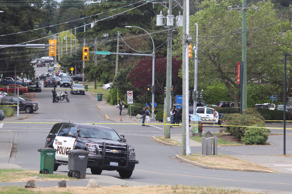 Six members of the Greater Victoria Emergency Response Team sustained gunshot wounds during an attempted robbery at the Bank of Montreal location on Shelbourne Street in Saanich on June 28. The two suspects died at the scene. (Don Descoteau/News Staff)