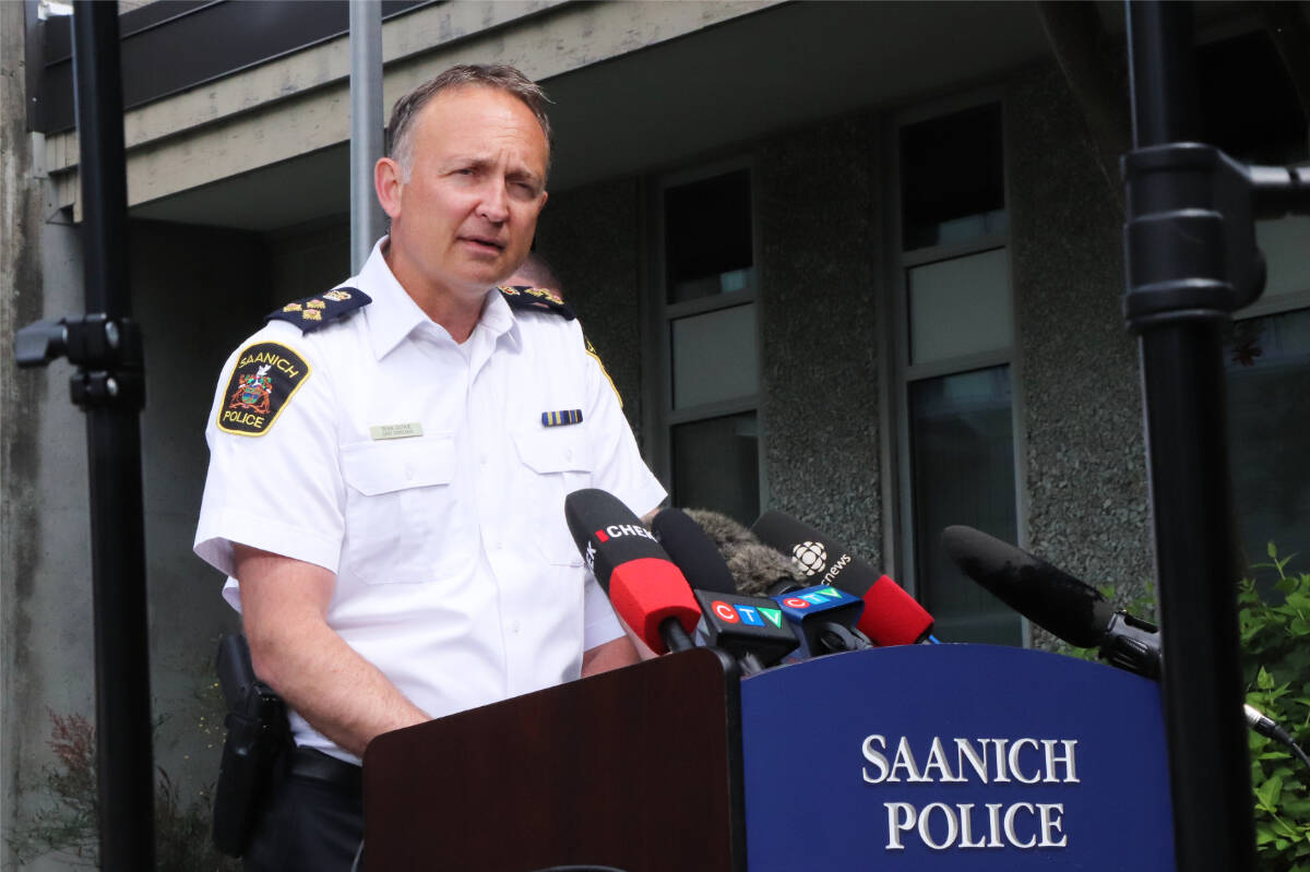 Saanich Police Department Chief Const. Dean Duthie addresses media during a Tuesday (July 5) briefing on the conditions of three Saanich officers wounded while responding as members of the Greater Victoria Emergency Response Team to a bank robbery on June 28. Three Victoria officers with GVERT were also injured in the response. (Don Descoteau/News Staff)