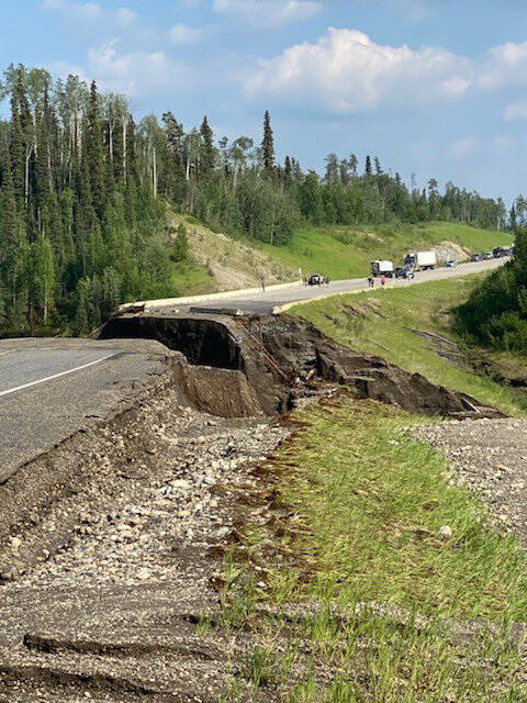A photo from July 1 shows the damage done to the Alaska Highway by a washout near Contact Creek just south of the British Columbia/Yukon Border (Yukon Highways and Public Works/Facebook)