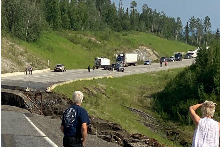 A photo from July 1 shows the damage done to the Alaska Highway by a washout near Contact Creek just south of the British Columbia/Yukon Border. (Yukon Highways and Public Works/Facebook)