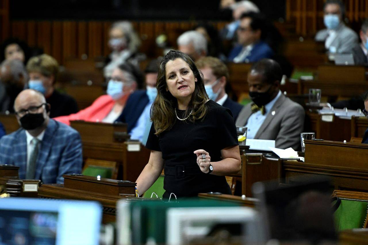 Deputy Prime Minister and Minister of Finance Chrystia Freeland rises during Question Period in the House of Commons on Parliament Hill in Ottawa on Thursday, June 23, 2022. THE CANADIAN PRESS/Justin Tang