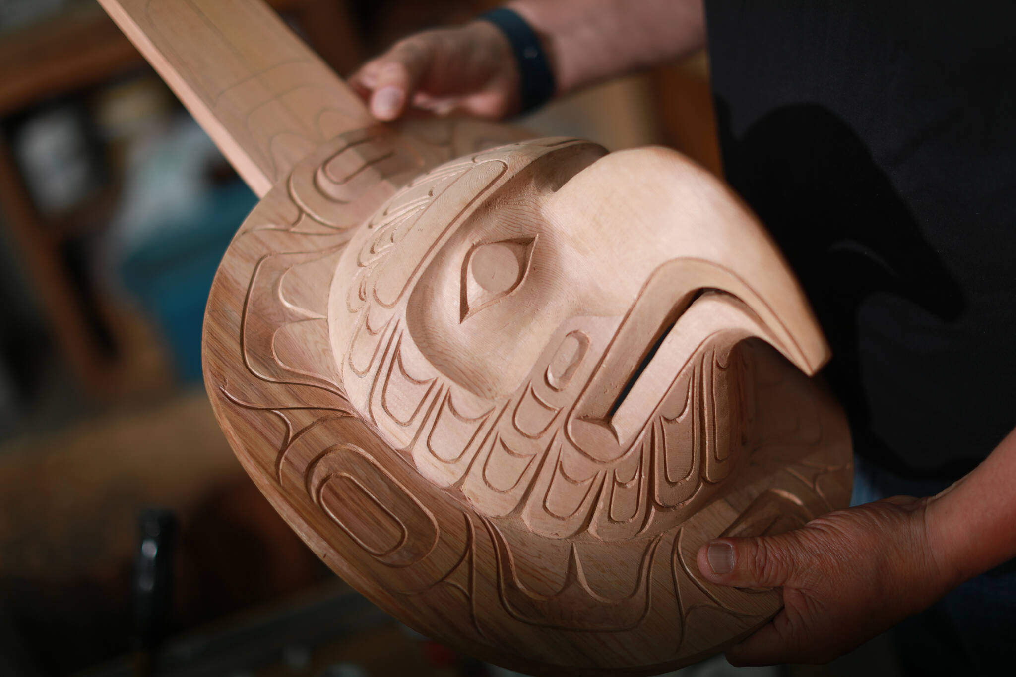 First Nations artist Richard Hunt began carving at the age of 13 now at 71 he continues to hone his skills as he works on his latest piece the Sun Mask using red cedar to create his one of a kind artwork at his studio in Victoria, B.C., on Thursday, June 30, 2022 THE CANADIAN PRESS/Chad Hipolito