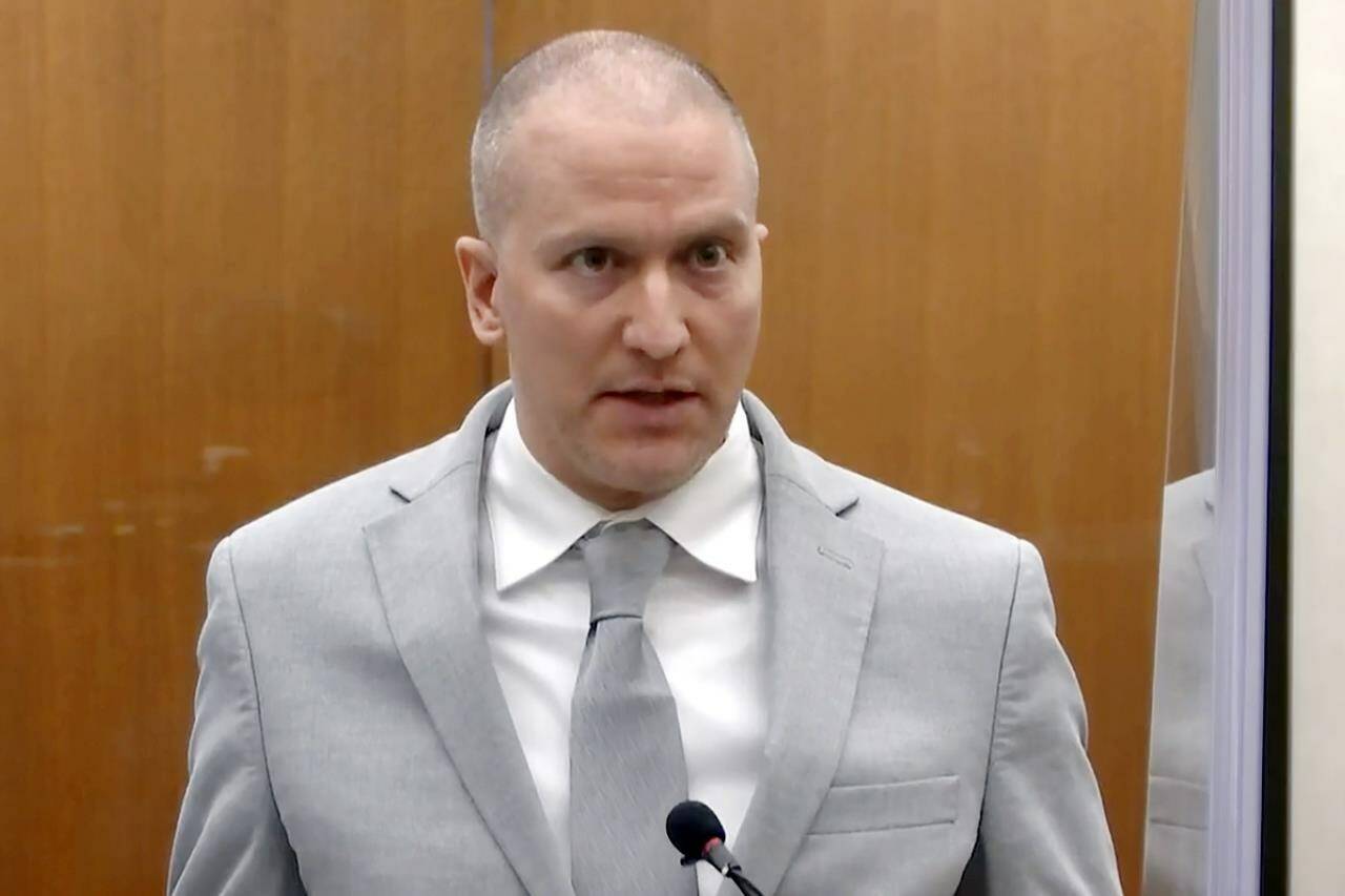 FILE - Former Minneapolis police Officer Derek Chauvin addresses the court as Hennepin County Judge Peter Cahill presides over Chauvin’s sentencing at the Hennepin County Courthouse in Minneapolis June 25, 2021. A federal judge will sentence former Minneapolis police officer Derek Chauvin on Thursday, July 7, 2022, for federal civil rights violations in the killing of George Floyd. U.S. District Judge Paul Magnuson on Tuesday, July 5, set Chauvin’s sentencing hearing for 2 p.m. Thursday in St. Paul. (Court TV via AP, Pool, File)