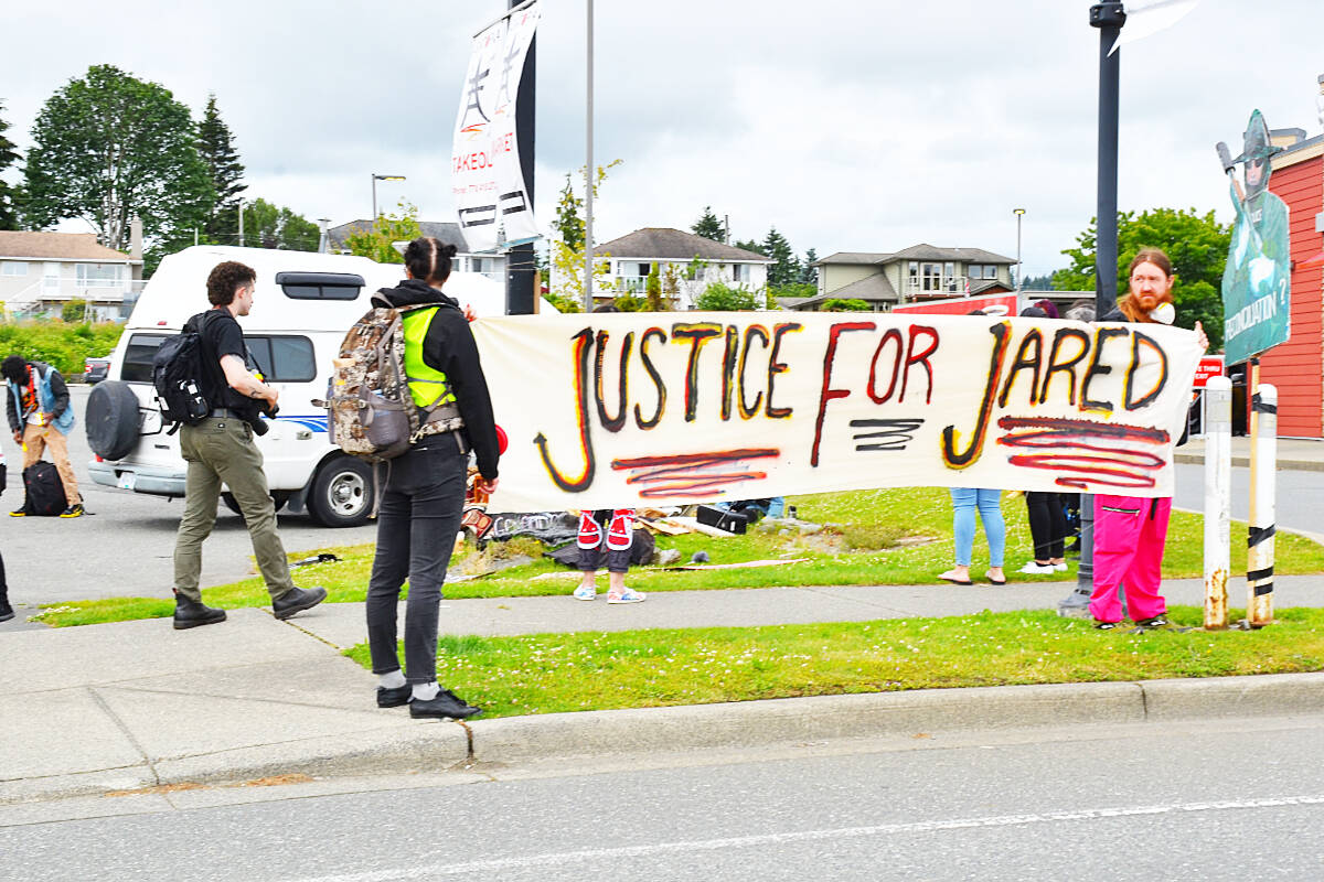 A rally was held Friday, July 8 on the anniversary of Jared Lowndes’ shooting by RCMP one year ago at the parking lot of the Campbell River Tim Hortons Restaurant. Photo by Alistair Taylor/Campbell River