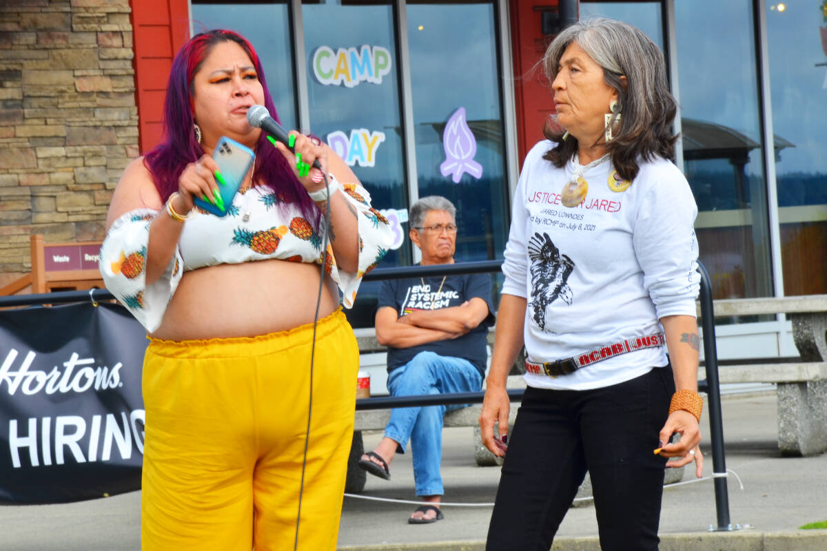 Martha Martin (left) and Laura Holland, two mothers of Indigenous persons killed by police, spoke at a rally commemorating the anniversary of the police shooting of Holland’s son Jared Lowndes on July 8, 2021. Photo by Alistair Taylor/Campbell River Mirror