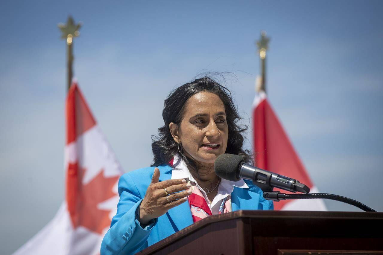 Minister of Defence Anita Anand speaks during an announcement at Canadian Forces Base Trenton in Trenton, Ont., on Monday June 20, 2022. Federal government and Armed Forces officials will be in Nova Scotia today to issue a formal apology for the treatment of Canada’s only all-Black unit to serve in the First World War.THE CANADIAN PRESS/Lars Hagberg