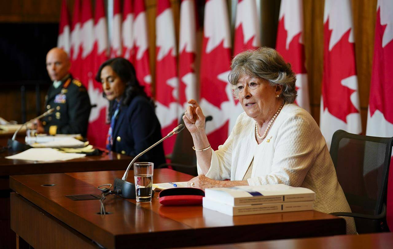 Former Supreme Court Justice Louise Arbour, and Minister of National Defence, Anita Anand, middle, release the final report of the Independent External Comprehensive Review into Sexual Misconduct and Sexual Harassment in the Department of National Defence and the Canadian Armed Forces in Ottawa on Monday, May 30, 2022. Also in attendance is Chief of the Defence Staff, General Wayne Eyre. THE CANADIAN PRESS/Sean Kilpatrick
Former Supreme Court Justice Louise Arbour, and Minister of National Defence, Anita Anand, middle, release the final report of the Independent External Comprehensive Review into Sexual Misconduct and Sexual Harassment in the Department of National Defence and the Canadian Armed Forces in Ottawa on Monday, May 30, 2022. Also in attendance is Chief of the Defence Staff, General Wayne Eyre. THE CANADIAN PRESS/Sean Kilpatrick