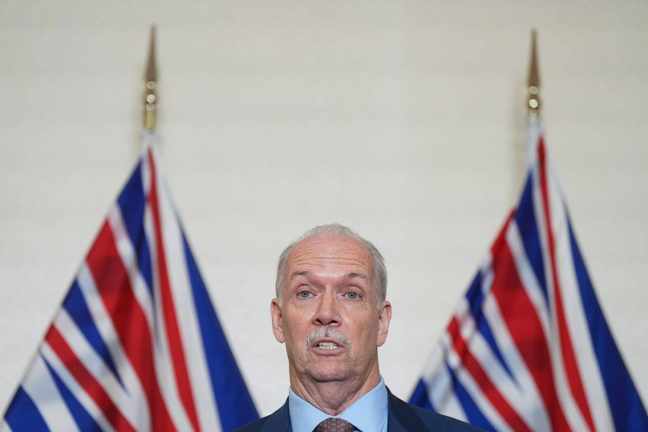 B.C. Premier John Horgan makes an announcement at a news conference in Vancouver, B.C., Tuesday, June 28, 2022. Canada’s premiers are starting their summer meetings at a Victoria-area First Nation where urging the federal government to increase health care funding to the provinces is expected to be a major topic. THE CANADIAN PRESS/Darryl Dyck