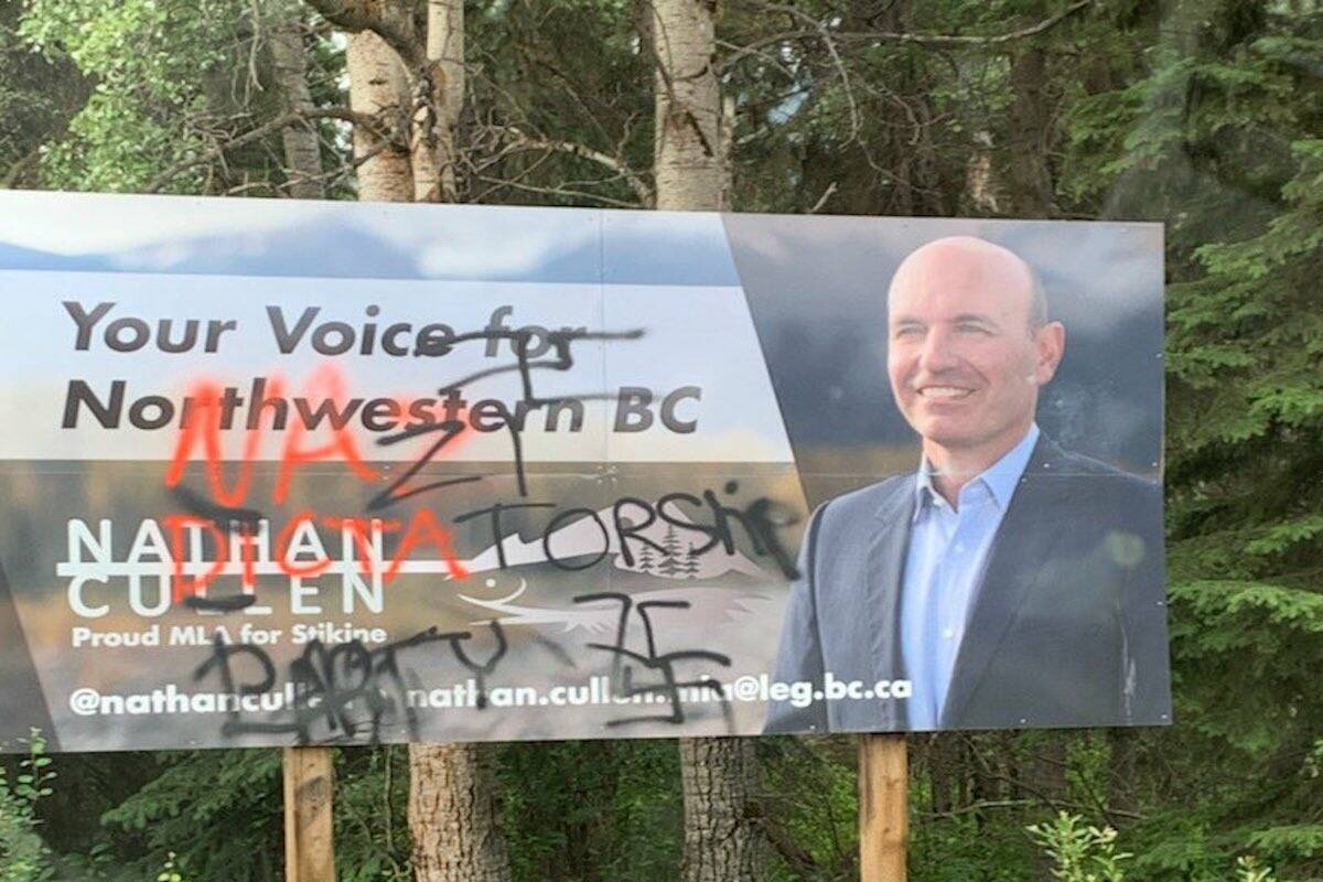 Municipal minister Nathan Cullen’s sign near Smithers was vandalized over the weekend. (Twitter/Nathan Cullen)