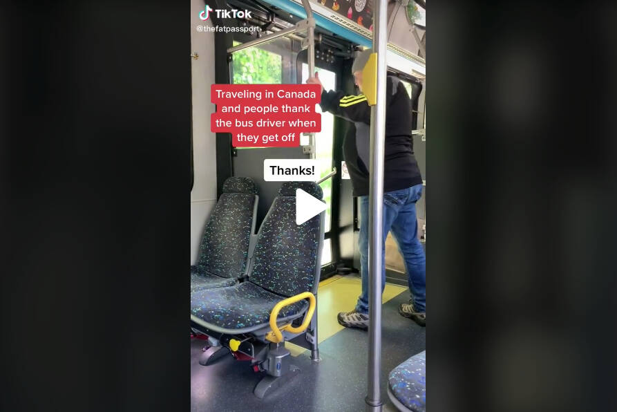 A video on TikTok showing passengers thanking BC Transit drivers has almost three million views. (The Fat Passport/TikTok)