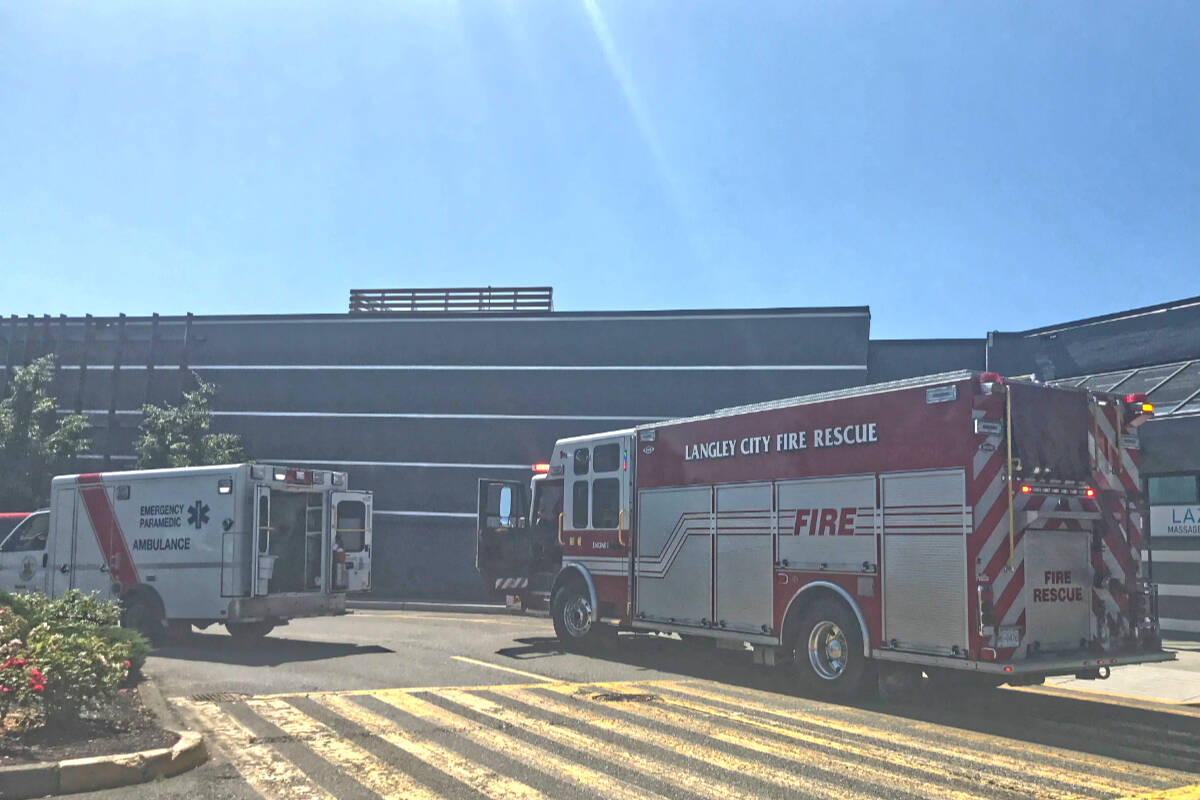 Emergency crews were at Willowbrook Shopping Centre Wednesday, July 13, 2022, for reports of noxious spray being set off inside. (Matthew Claxton/Langley Advance Times)