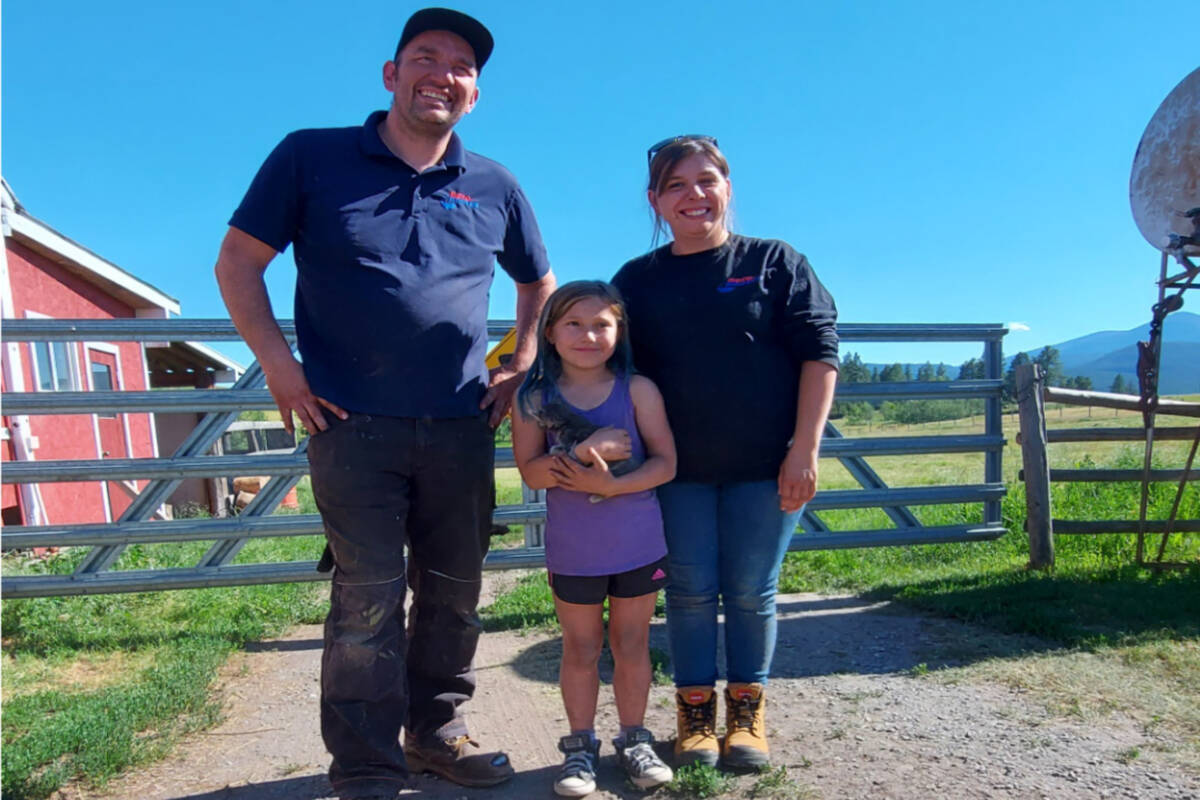 Pictured are Dan Meldrum (left), Hunter and kitten Rocky (middle) and Ashlie Meldrum (right). The Meldrum family own Roto-Rooter in Cranbrook, and helped Hunter and her mom Tara save Rocky the kitten from an old well on Tuesday, July 12, 2022. (Submitted file)