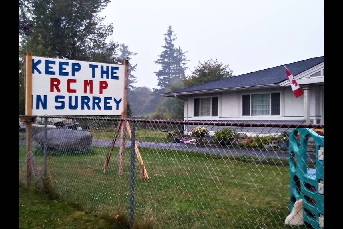 A “Keep the RCMP in Surrey” sign. Walter van Halst writes, “From White Rock to Whalley and from Scott Road to Langley Bypass, there are now more signs demanding to save the RCMP than all parties combined had in the last B.C. election.” (Photo: Walter van Halst)