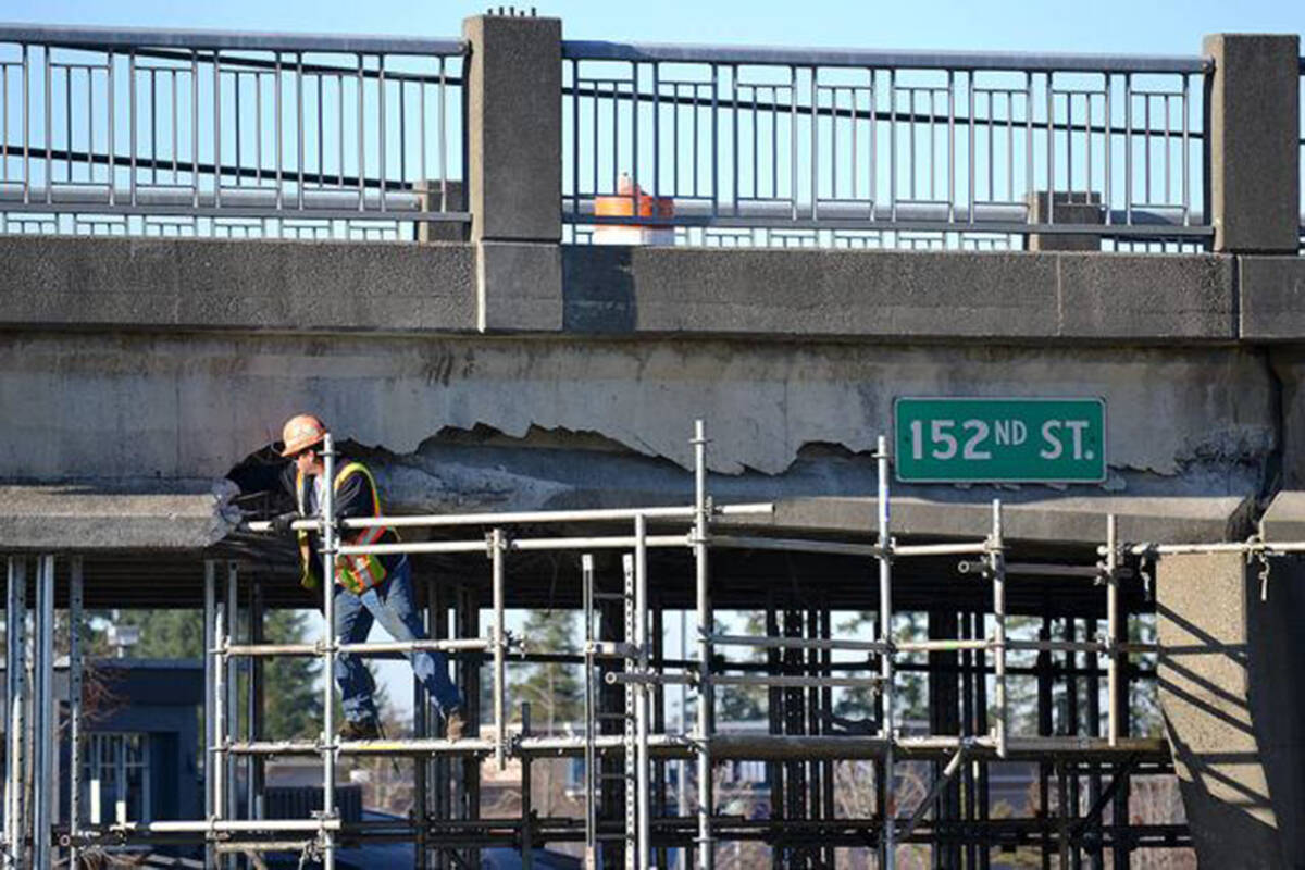 Commercial vehicles carrying or towing large equipment are striking overpasses around the province. Pictured is 152 Street overpass in South Surrey that was struck by a semi truck towing a trailer in December 2017, causing it to close for three months. (Peace Arch News file photo)