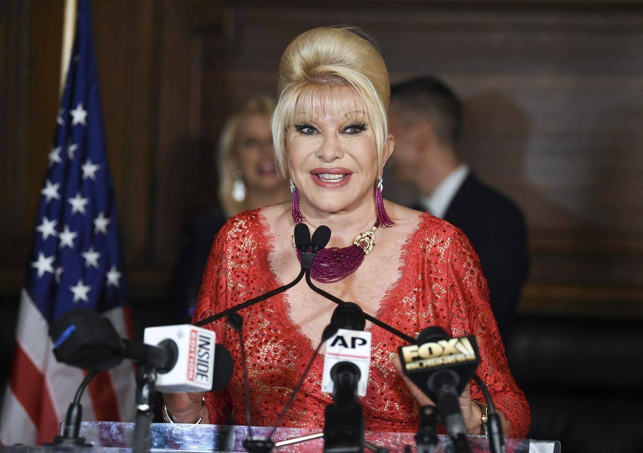 FILE - Ivana Trump announces the new “Italiano Diet” to stay healthy and fight obesity at the Oak Room at the Plaza Hotel on June 13, 2018, in New York. Ivana Trump, the first wife of Donald Trump, has died in New York City, the former president announced on social media Thursday. (Photo by Evan Agostini/Invision/AP, File)