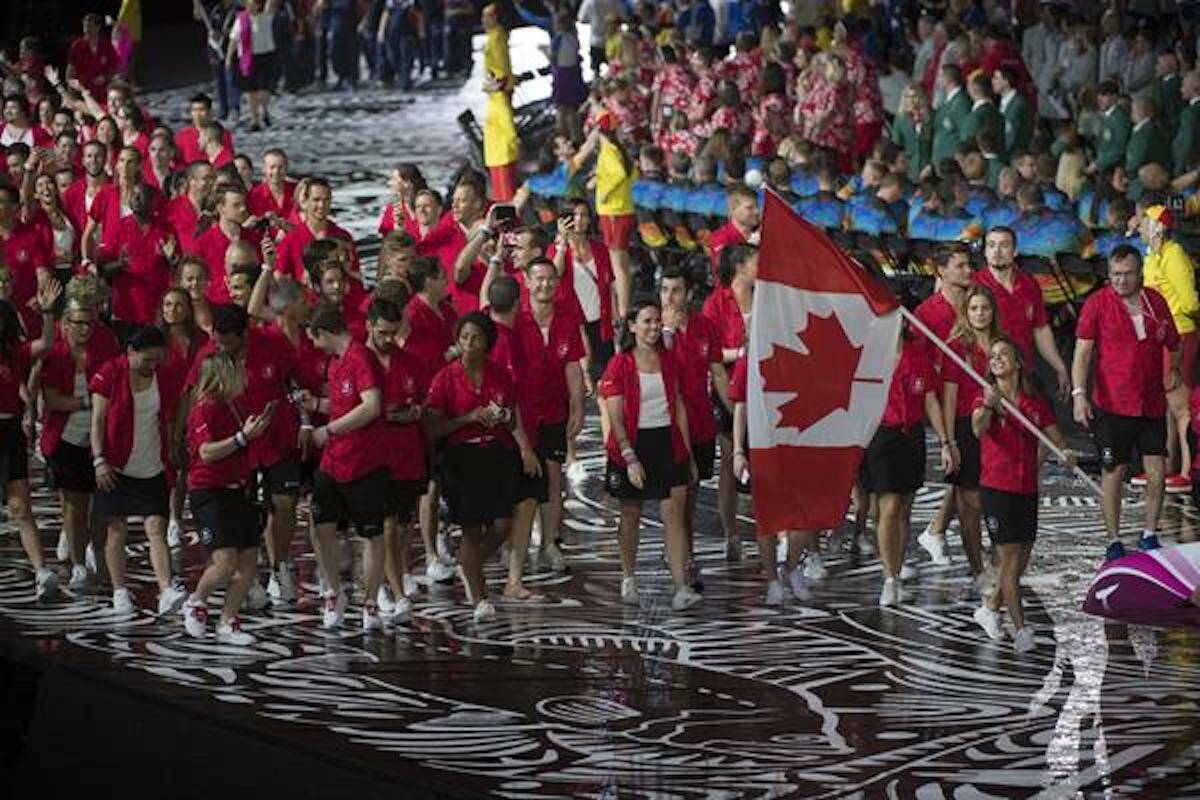 Team Canada makes their entrance at the 2018 Commonwealth Games in Gold Coast for the opening ceremony (DetailsGroup photo).
