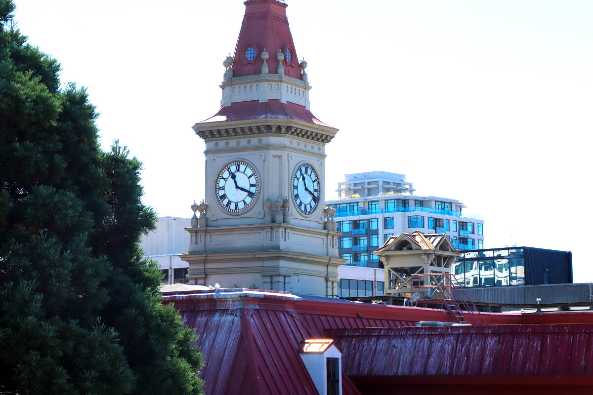 Late morning view southward over the top of Victoria city hall, as seen from the top of the Fisgard Street parkade. (Black Press Media file photo)