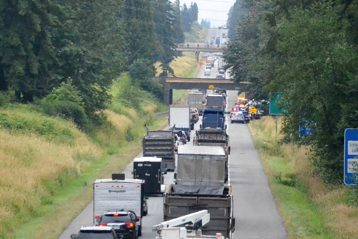 The latest overpass to be broadsided by a vehicle in Langley is the rail overpass between Glover Road and 232nd Street, eastbound on Highway One. The overpass was hit at around 2 p.m. on Monday, July 18. (Matthew Claxton/Langley Advance Times)