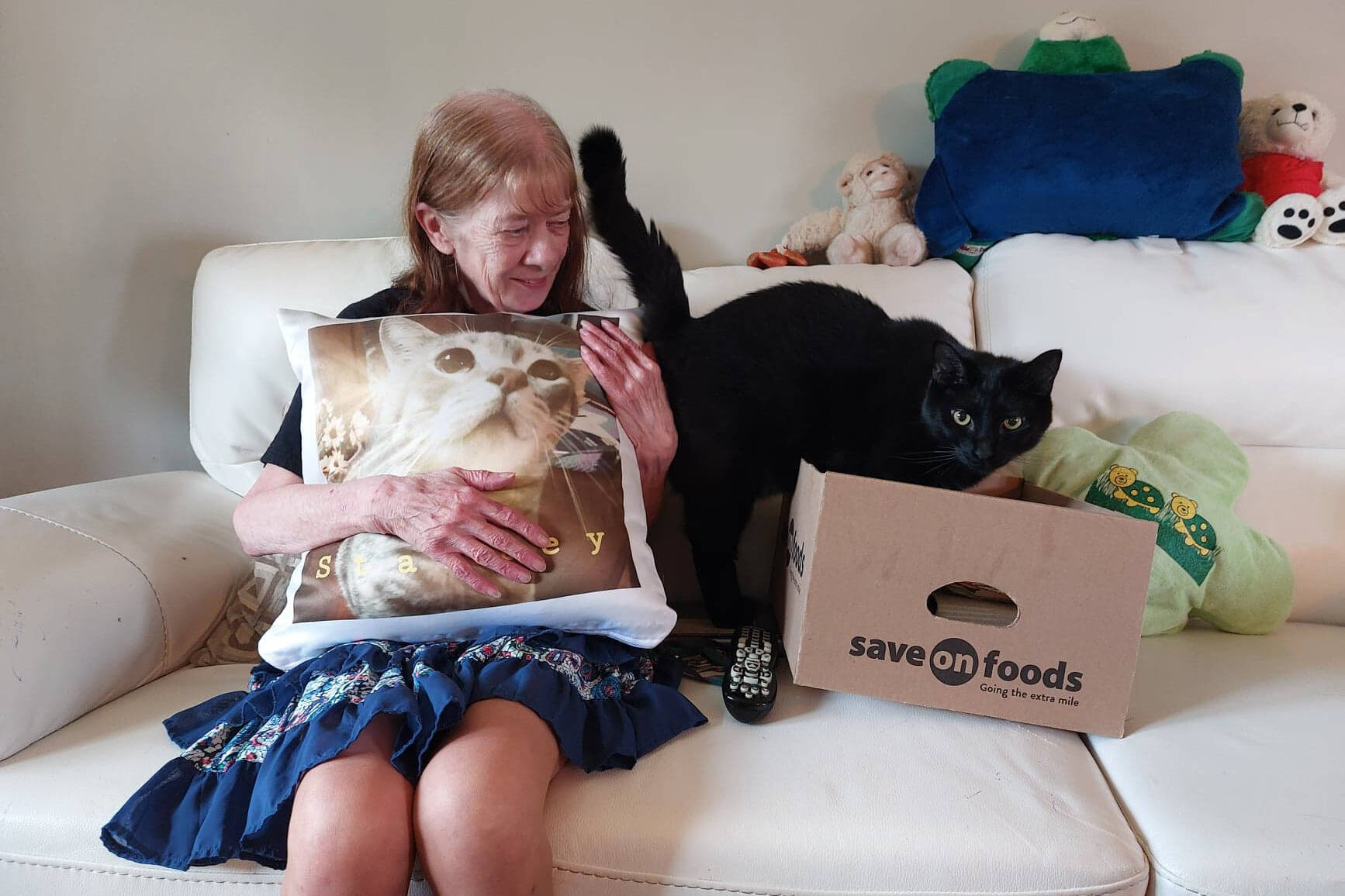 Colleen Frank loves cats. She holds a pillow with the image of her former cat Stanley while current cat Ozzie investigates a moving box. After 20 years in her apartment building, Frank is being evicted and may have to be out on July 29. (Eric J. Welsh/ Chilliwack Progress)