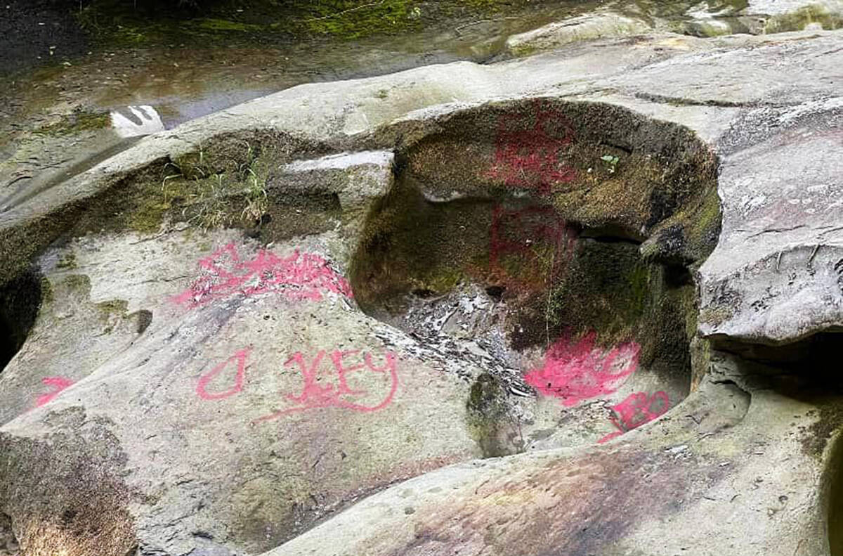 Vandals spray painted Cliff Falls, a popular natural area of Maple Ridge. (Special to The News)