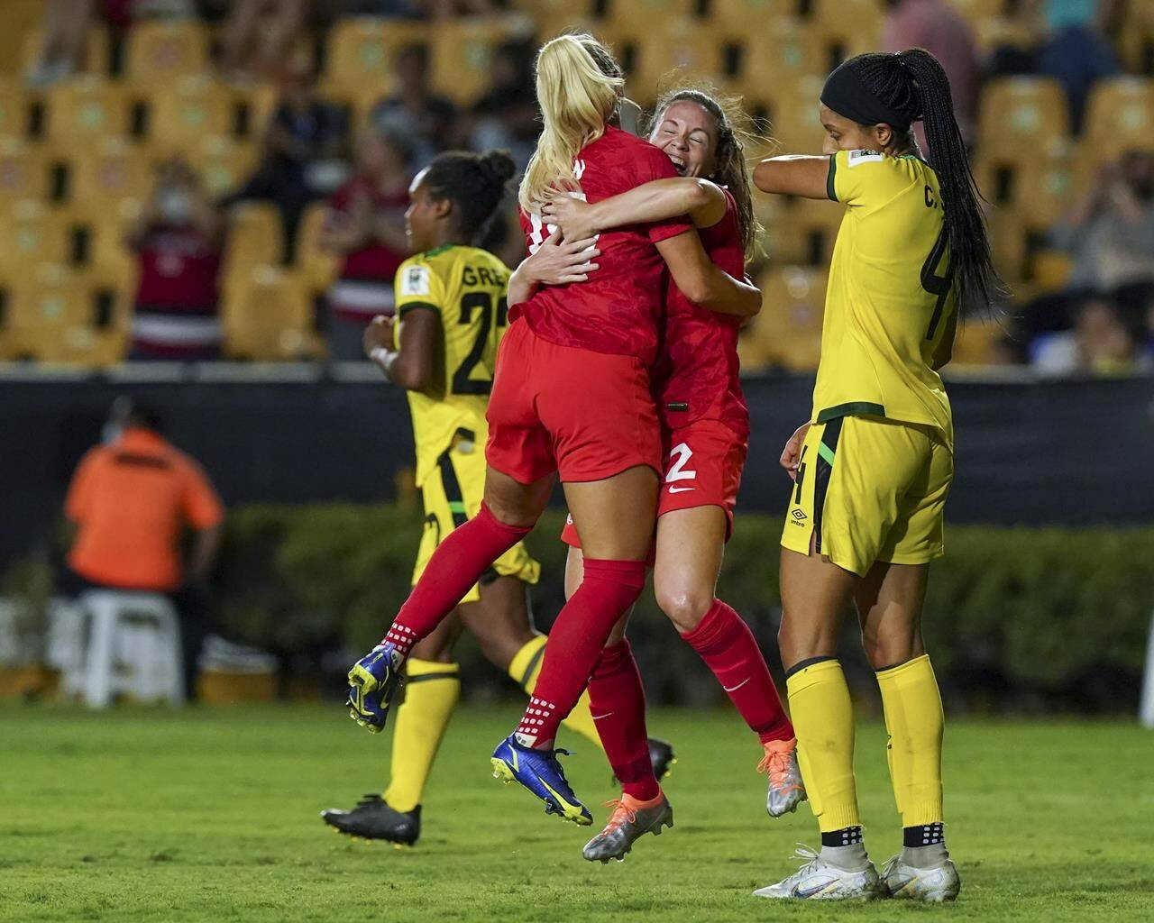 Canada’s Allysha Chapman, center, is congratulated after scoring her side’s 2nd goal against Jamaica during a CONCACAF Women’s Championship soccer semifinal match in Monterrey, Mexico, Thursday, July 14, 2022. nbsp;Sixth-ranked Canada takes on the top-ranked U.S. in the CONCACAF W Championship final, with qualification for the 2024 Paris Olympics on the line. THE CANADIAN PRESS/AP-Fernando Llano