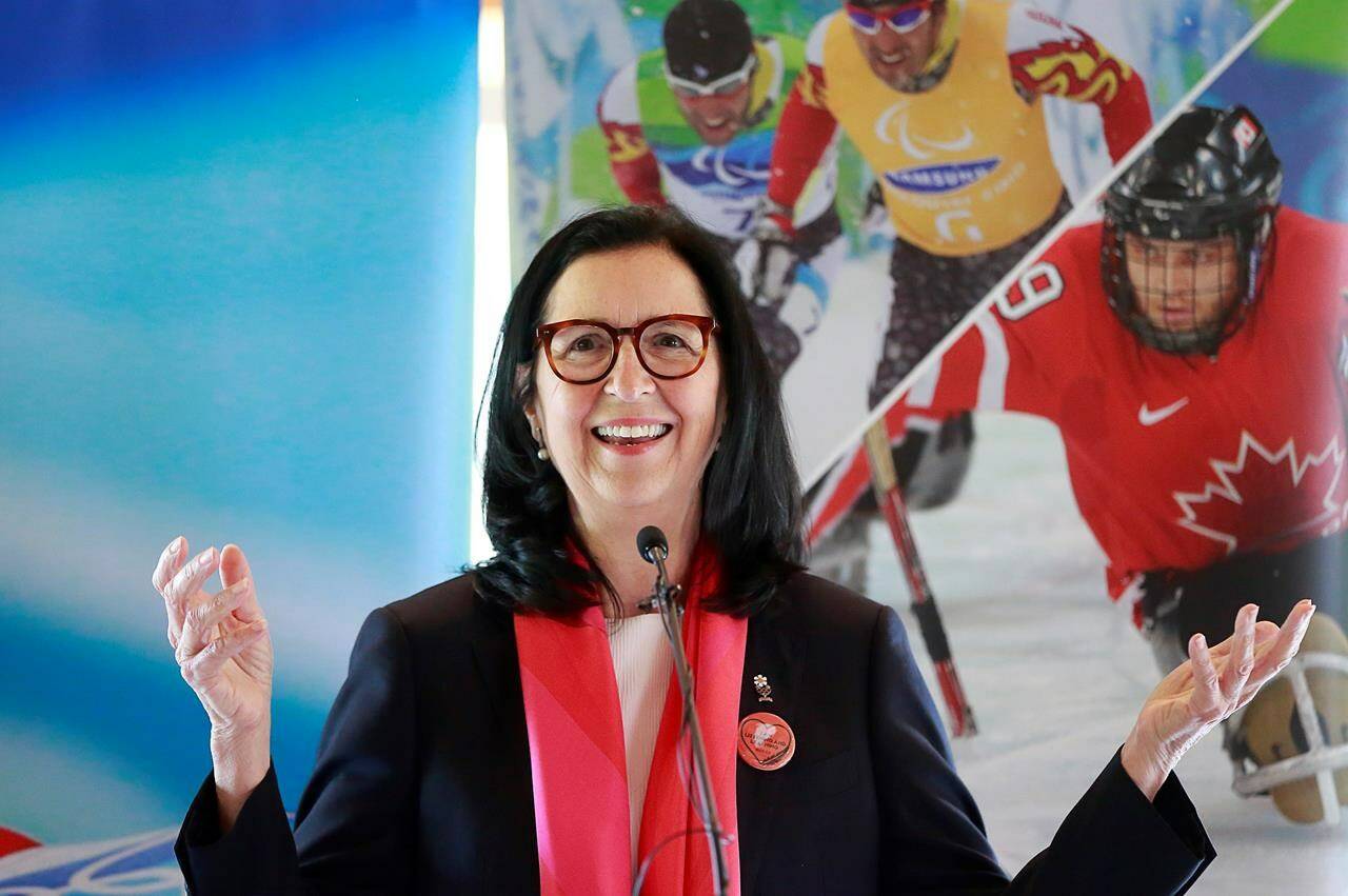 Tricia Smith, President of the Canadian Olympic Committee, takes part in a joint press conference between the Canadian Olympic Committee, the Four Host First Nations, and the cities of Vancouver and Whistler where the “hosting concept” for the 2030 Winter Olympics bid was unveiled in Whistler, B.C., on Tuesday, June 14, 2022. THE CANADIAN PRESS/Jeff Vinnick