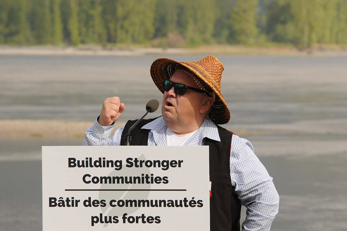 Chief Robert Gladstone of Shxwha:y Village at a federal flood infrastructure funding announcement April 24, 2019. (Jenna Hauck/Chilliwack Progress file)