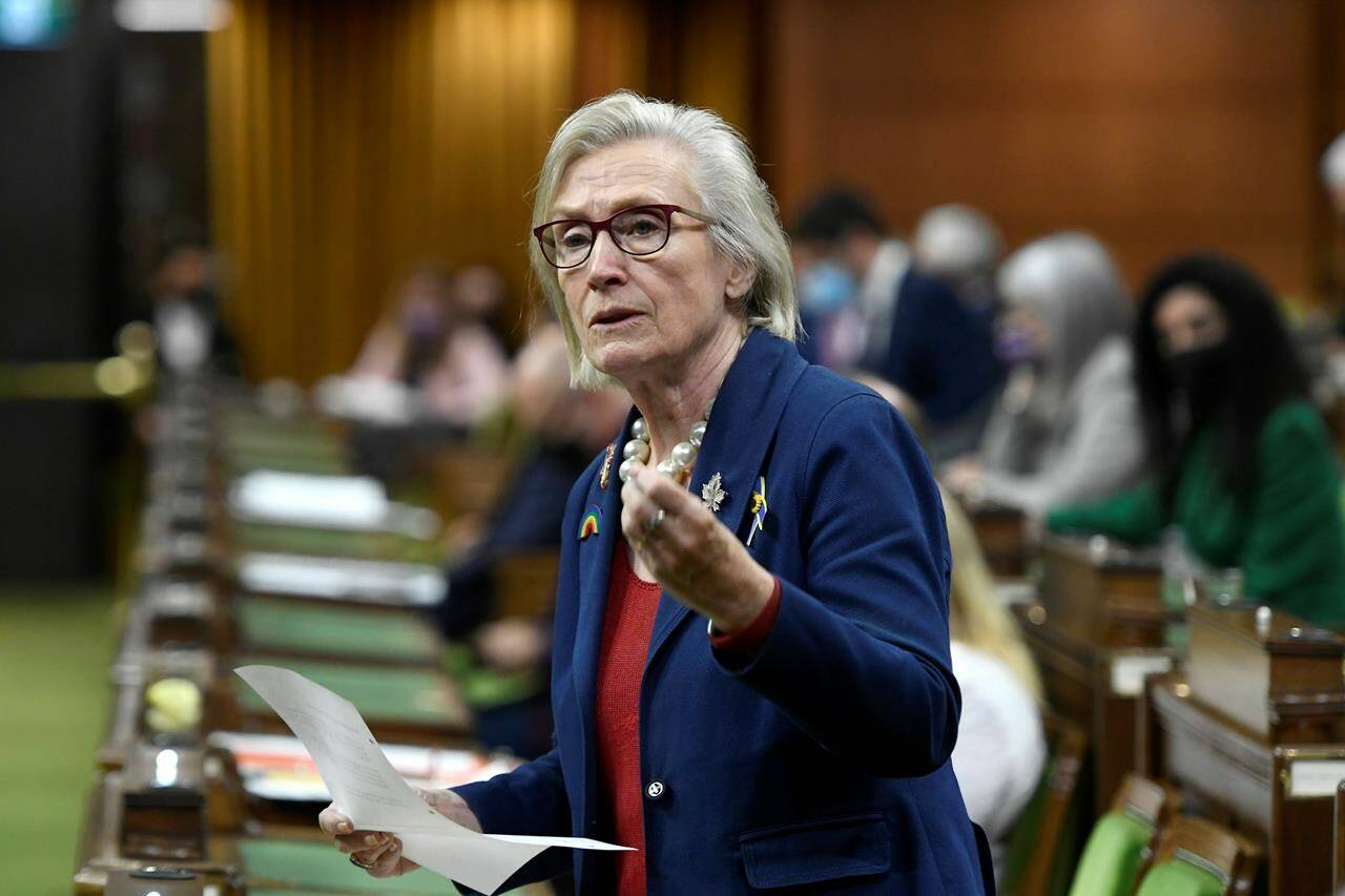 Carolyn Bennett rises during Question Period in the House of Commons on Parliament Hill in Ottawa on Friday, June 10, 2022. Canada’s minister of mental health and addictions says more doctors across the country should be willing to prescribe a safer supply of drugs instead of fearing they will be investigated by their regulatory colleges.THE CANADIAN PRESS/Justin Tang