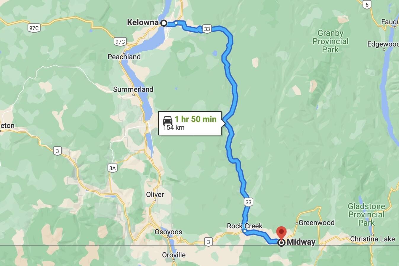 Suspects fled from police in Kelowna, with vehicle being later found in Midway, B.C. (Google Maps)
