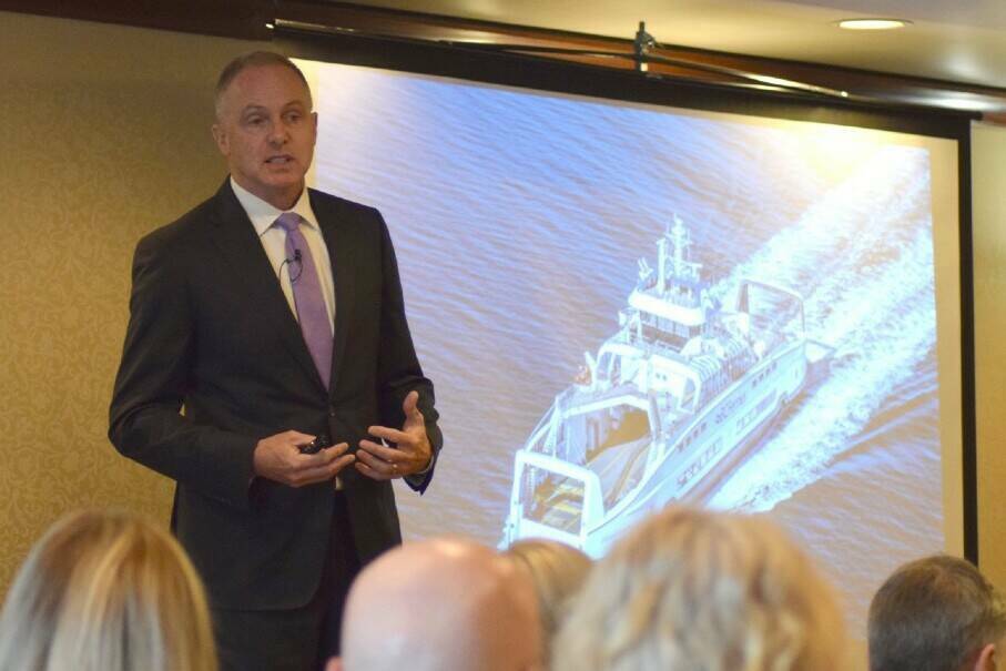 BC Ferries CEO Mark Collins addresses business leaders, politicians and military personnel invited to the Greater Victoria Chamber of Commerce’s business leader luncheon this past spring. (Black Press Media file photo)