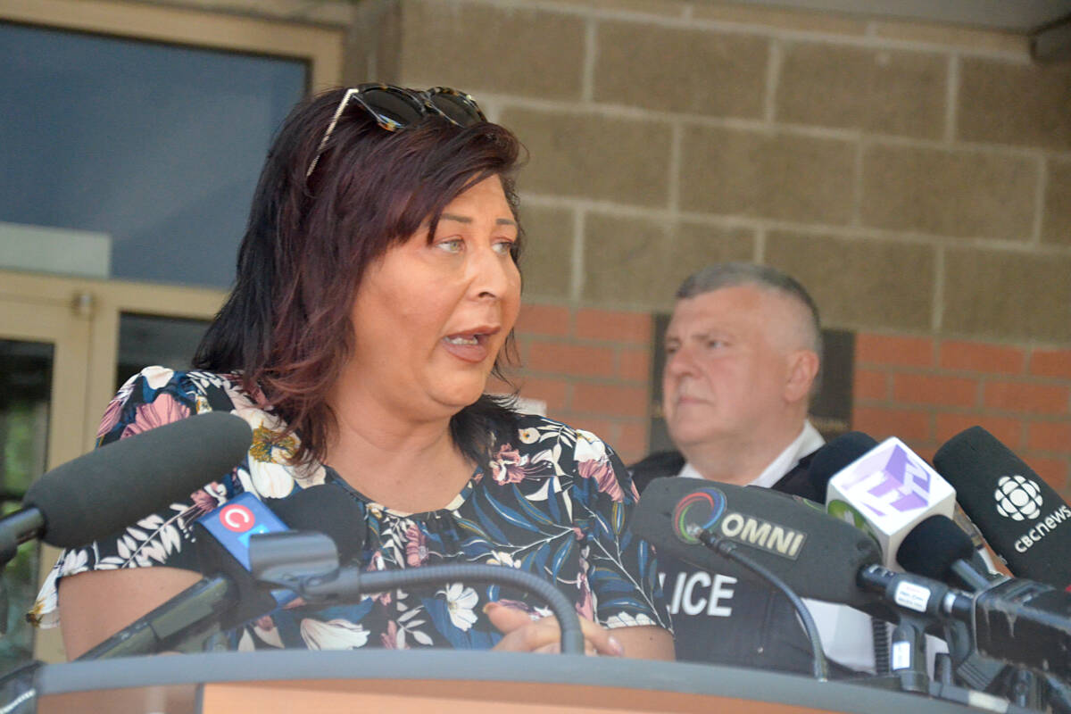 Langley City Mayor Val van den Broek spoke at the press conference Monday, July 25 about the four shootings that took place across City and Township. (Matthew Claxton/Langley Advance Times)