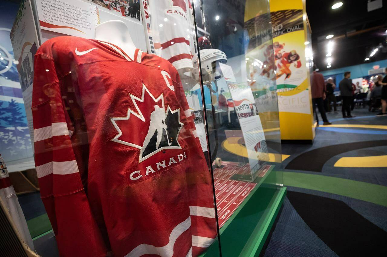 A Hockey Canada jersey is displayed at the B.C. Sports Hall of Fame in Vancouver, on July 8, 2022. THE CANADIAN PRESS/Darryl Dyck