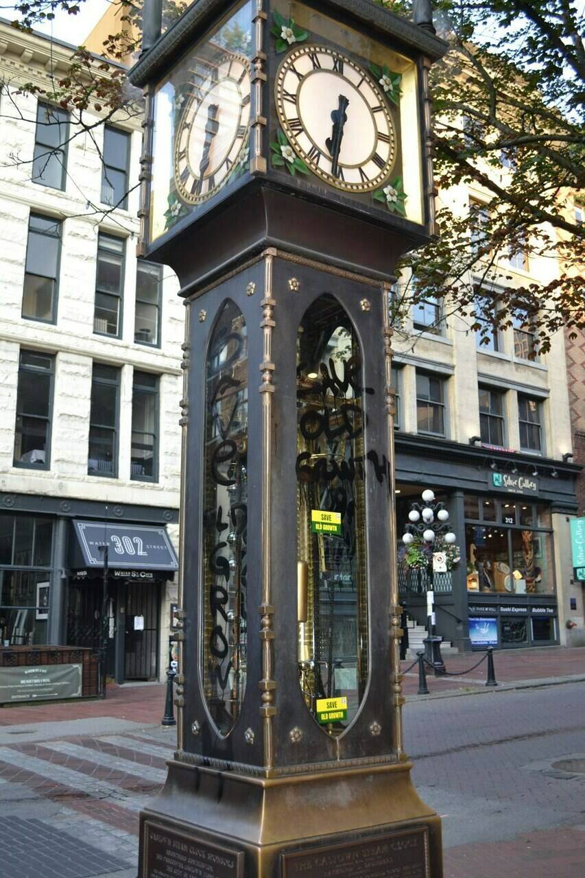 The Gastown steam clock in Vancouver is seen spraypainted with slogans in this image provided by the Save Old Growth activist group on Thursday, July 28, 2022. Save Old Growth photo