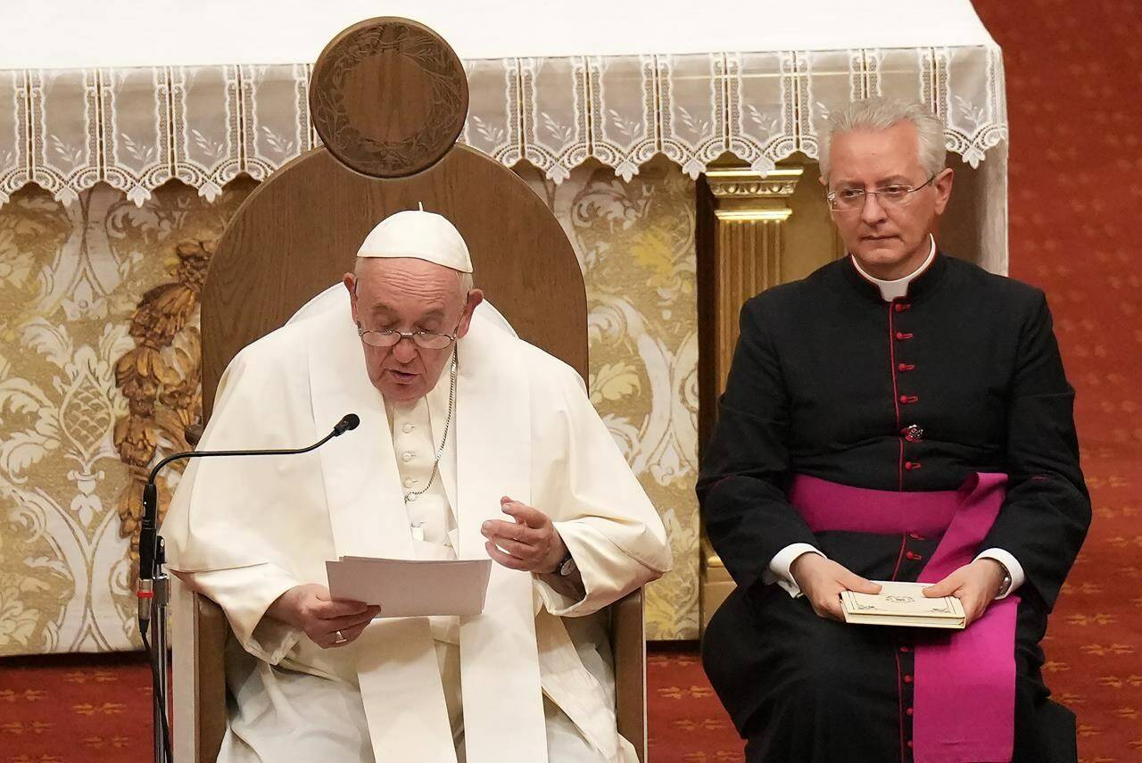 Pope Francis presides over an evening prayer service at the Cathedral-Basilica of Notre-Dame de Quebec in Quebec City during his papal visit on Thursday, July 28, 2022. THE CANADIAN PRESS/Nathan Denette