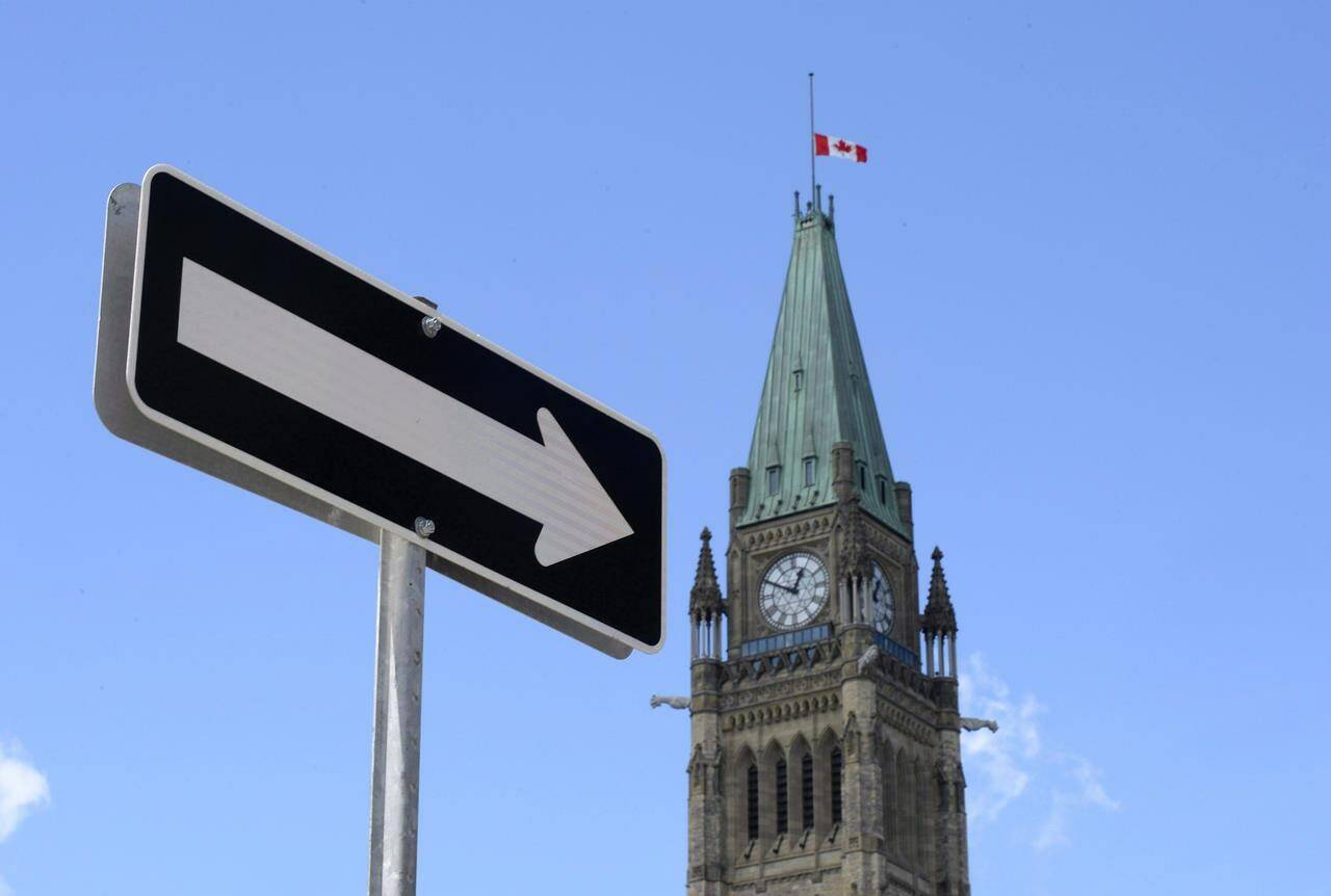 The federal government posted a surplus of $5.3 billion for the first two months of the 2022-23 fiscal year. The Peace Tower on Parliament Hill in Ottawa is shown on Sunday, Aug. 2, 2015. THE CANADIAN PRESS/Justin Tang