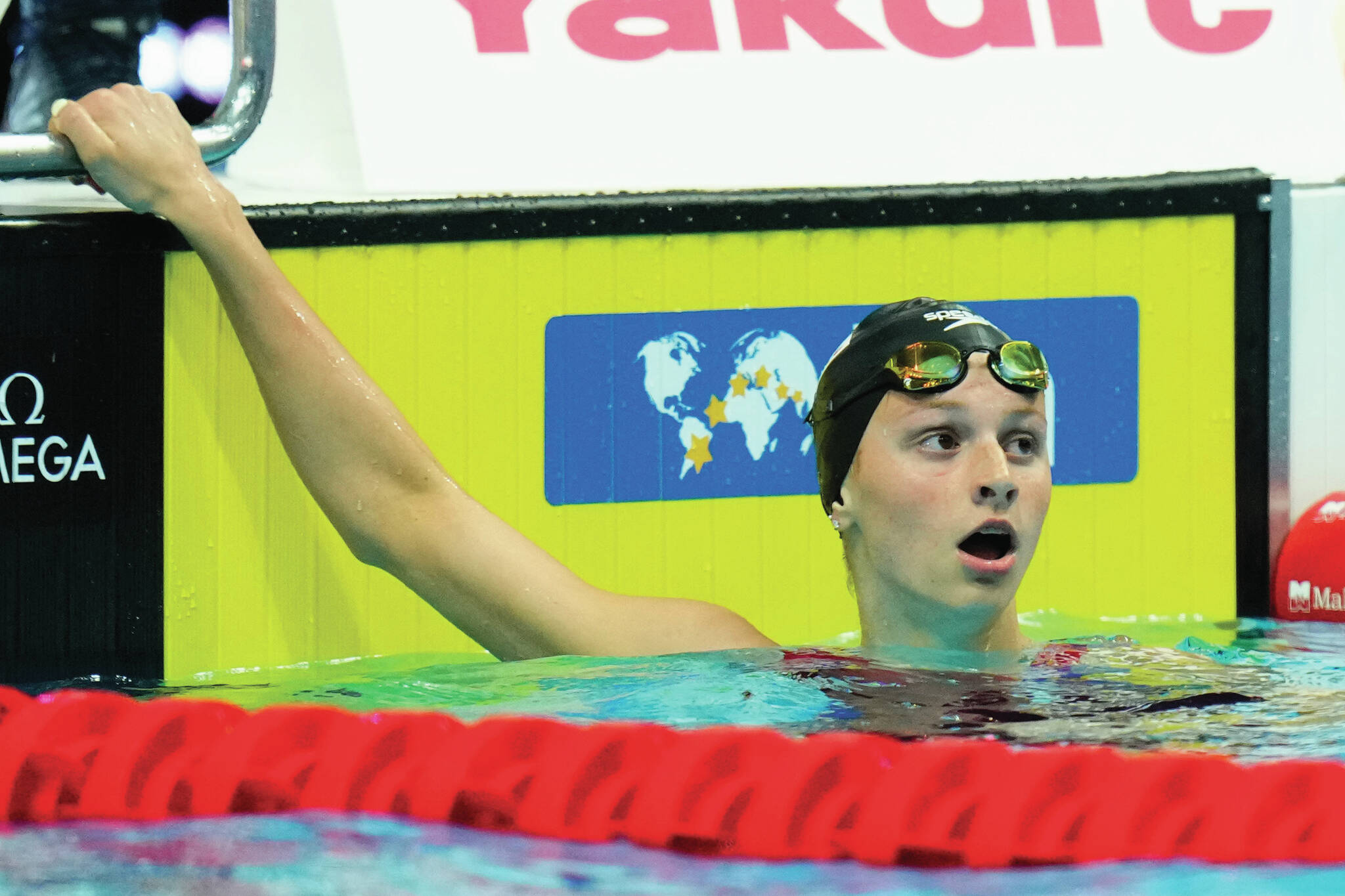 Summer McIntosh of Canada looks back after winning the women’s 200m Butterfly final at the 19th FINA World Championships in Budapest, Hungary, Wednesday, June 22, 2022. (AP Photo/Petr David Josek)