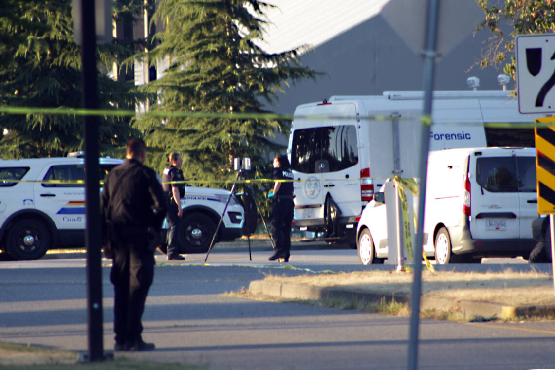 Police on scene of a fatal shooting at South Surrey’s Softball City on Saturday evening (July 30, 2022). (Lauren Collins/Surrey Now Leader)